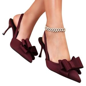Burgundy Sexy Bow-decorated High Heels with Pointed Toes and Closed Toes 🎀